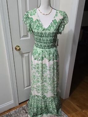 MAISON TARA BRAND WOMEN'S LONG GREEN FLORAL SHORT SLEEVES DRESS SIZE 10